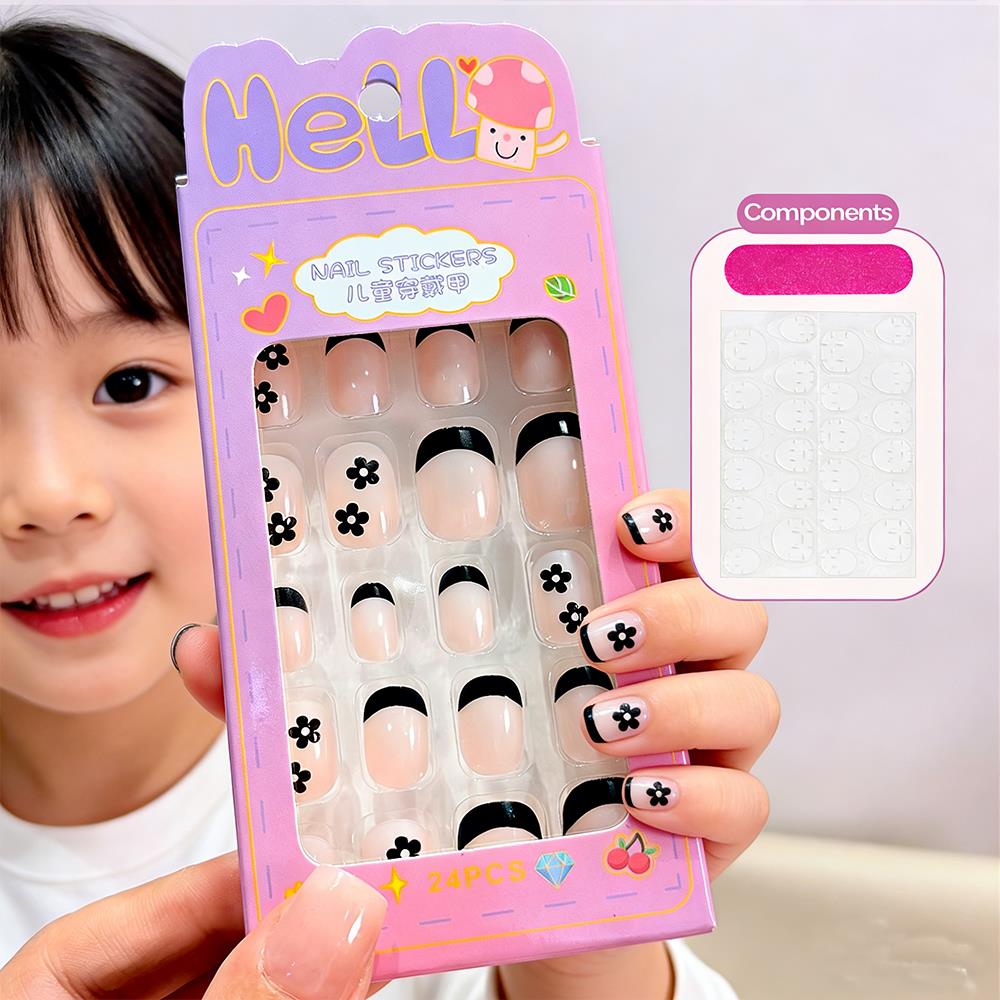 Nail Art Press On - 24 قطعة/علبة أظافر صناعية للأطفال بتصميم