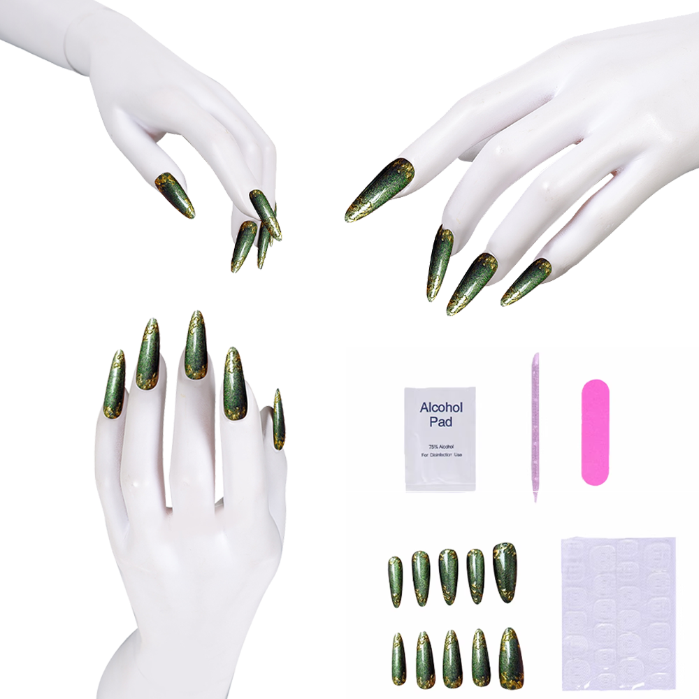 Nail Art Press On - أظافر ضغط خضراء مع لهجات ذهبية