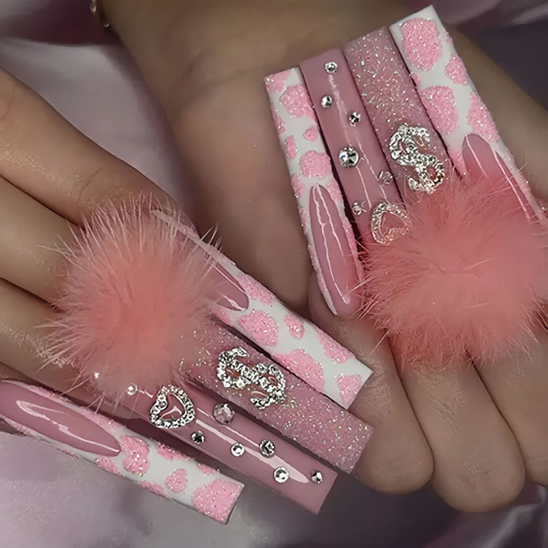 24 قطعة مربع طويل جدًا اضغط عل - مراجعة Nail Art Pink وسعره
